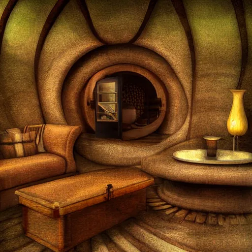 Prompt: art - deco interior of a hobbits house, digital art