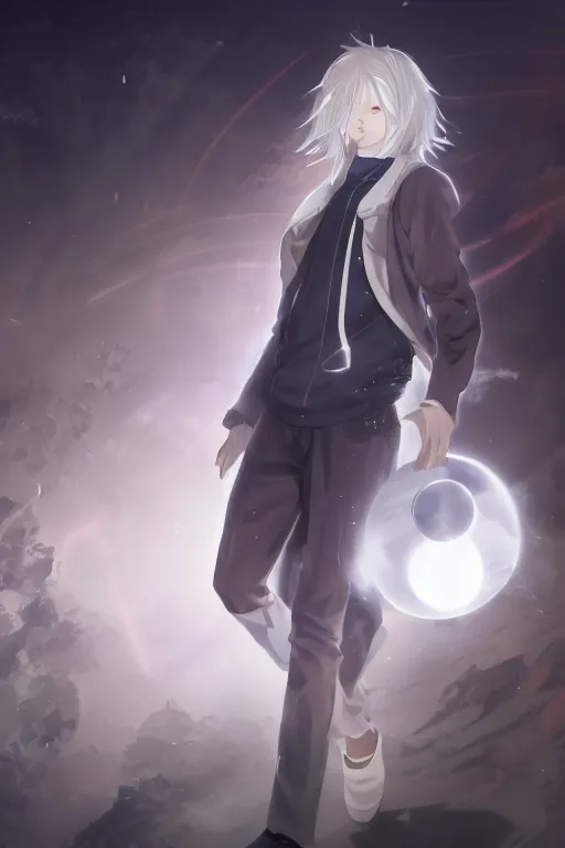 Image similar to anime teen guy with short wavy white hair wearing white formal attire surrounded by light orbs, moody, wlop, concept art, digital painting, trending on artstation, highly detailed, epic composition, 8 k uhd