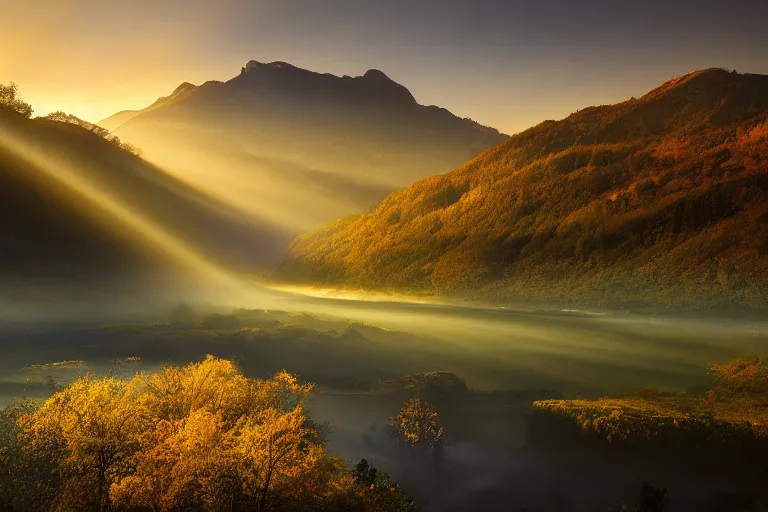 Image similar to landscape photography of fundatura ponorului by marc adamus, morning, mist, rays of light, beautiful