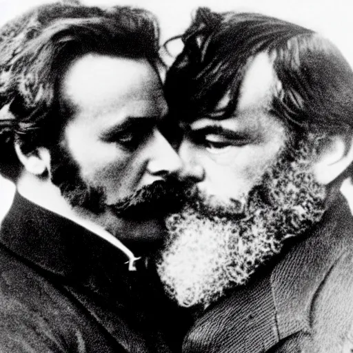 Image similar to Karl Marx and Nietzsche kissing, bedroom background, photo, 1920