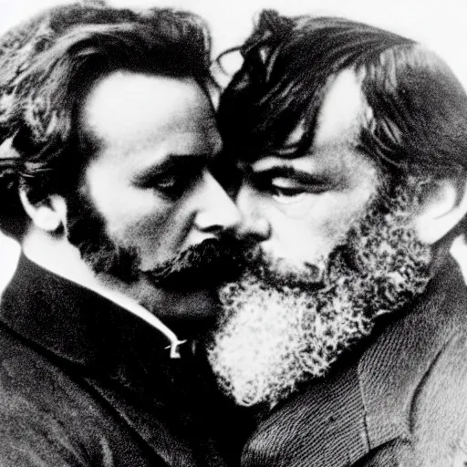 Prompt: Karl Marx and Nietzsche kissing, bedroom background, photo, 1920