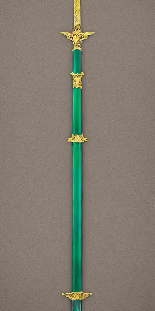 Image similar to photograph of a large green and teal crystal sword with a gold sword hilt