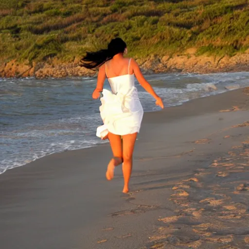 Prompt: dark haired woman in a white dress running on the beach