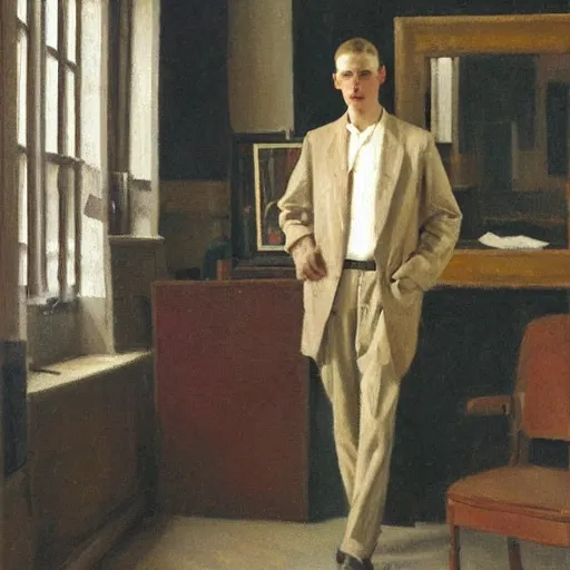 Prompt: Harold knight painting of a man posing in a studio,