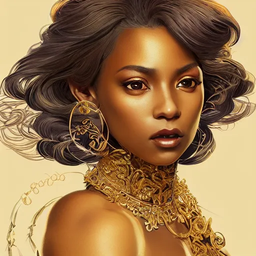 Image similar to a portrait of an attractive young Black female, beautiful long hear, clothed in golden feathers, intricate, elegant, highly detailed, digital painting, trending on artstation, concept art, smooth, sharp focus, illustration, art by artgerm and greg rutkowski and alphonse mucha