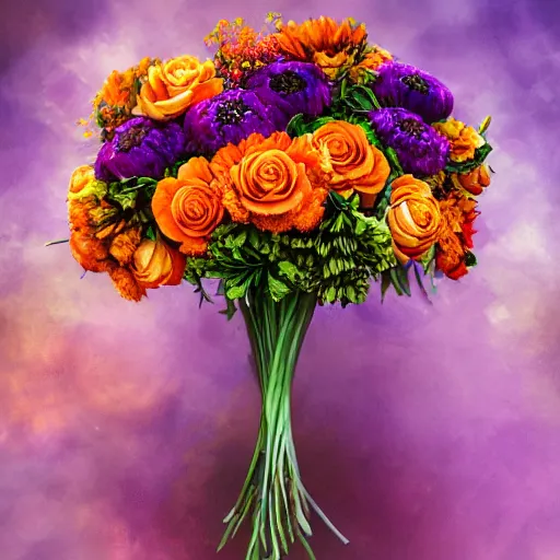 Image similar to a beautiful stunning fantasy matte digital painting of a bouquet made of orange roses and orange chrysanthemums and purple poppies and green eucalyptus and green flora, a photograph painted in the style of Bridal Magazine, professional floral arrangement, professional lighting, trending on artstation hq, contest winner