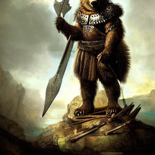 Prompt: a grizzly bear wearing roman empire armor sitting on a throne made of swords, rembrandt lighting, art station, digital art, highly detailed