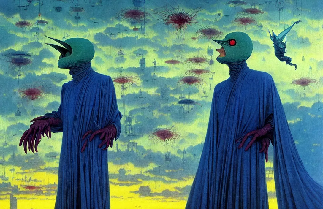 Image similar to realistic detailed portrait movie shot of a birdman wearing dark ragged robes, futuristic city sunset landscape background by denis villeneuve, amano, yves tanguy, alphonse mucha, ernst haeckel, max ernst, roger dean, rich moody colours, blue eyes