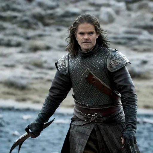 Prompt: action 7 0 mm medieval fantasy half length action photo from game of thrones of timothy olyphant as a dueling swashbuckler with a sword, photo by philip - daniel ducasse and yasuhiro wakabayashi and jody rogac and roger deakins