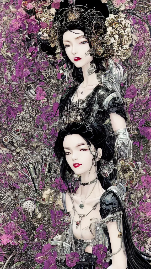 Prompt: cyberpunk fashion a beautiful black haired woman with pale skin and a crown on her head sitted on an intricate metal throne skin wrapped in flowers and wired, vintage style, by yoichi hatakenaka, masamune shirow, josan gonzales and dan mumford, ayami kojima, takato yamamoto, barclay shaw, karol bak, yukito kishiro