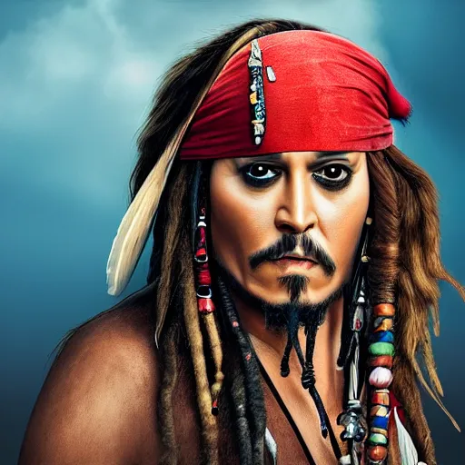 Image similar to jack sparrow with a parrot on the shoulder, realistic portrait, 8k resolution, hyper detailed, studio lighting, cinematic, sharp