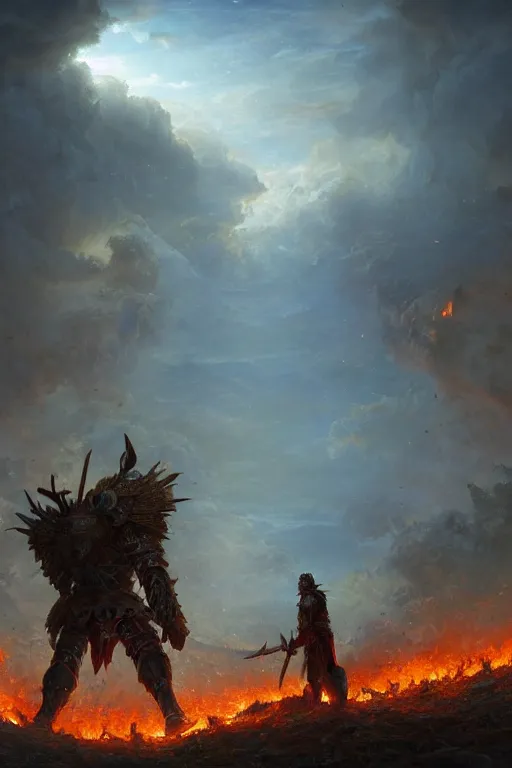 Prompt: masterpiece a lone knight knight knight in a wartorn field facing off against a fire giant fire giant fire giant, by Greg Rutkowski Thomas Kincade, detailed, 4k, cinematic, intense, gritty, fantasy, perspective