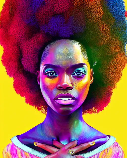 Image similar to colorful portrait of a black woman hippie wearing her hair in an afro, but set in the future 2 1 5 0 | highly detailed | very intricate | symmetrical | professional model | cinematic lighting | award - winning | painted by mandy jurgens | pan futurism, dystopian, bold psychedelic colors, cyberpunk, anime aesthestic | featured on artstation