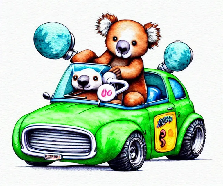 Image similar to cute and funny, koalabear with fuzzy ears riding in a tiny hot rod with an oversized engine, ratfink style by ed roth, centered award winning watercolor pen illustration, isometric illustration by chihiro iwasaki, edited by range murata, tiny details by artgerm and watercolor girl, symmetrically isometrically centered, sharply focused