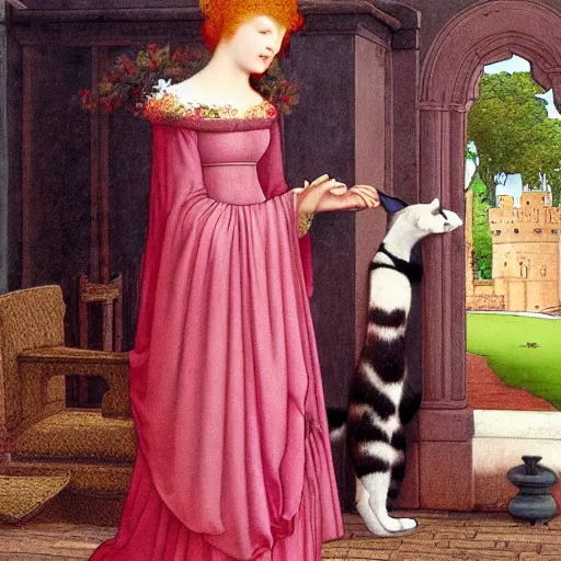 Prompt: A photorealistic portrait of a redheaded woman wearing a flower dress, admiring a cat in a castle, the cat is on a throne, in the style of Edmund Leighton