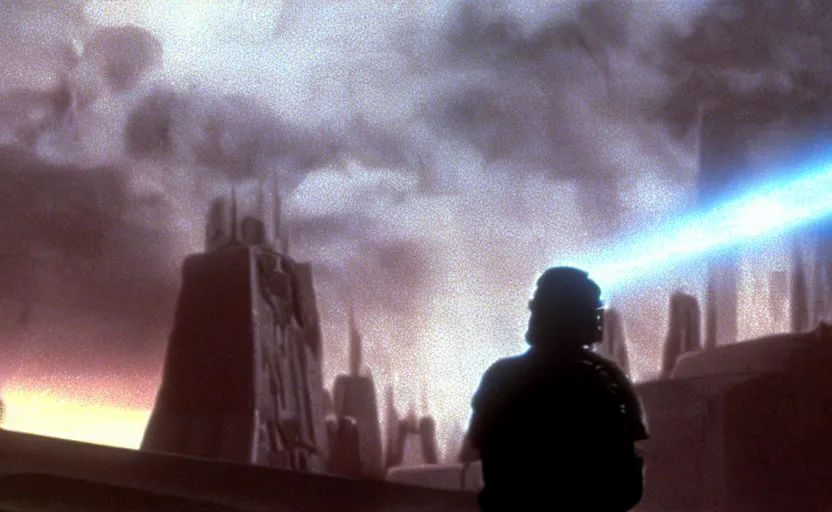 Prompt: still image screenshot cloud city is under attack, empire strikes back, badass action scene with laser explosions and sparks, from the tv show mandalorian on disney +, scene in front of a strange building, moody cloudy volumetric lightm imperial invading beautiful cloud planet, backlit sunset, anamorphic lens, 3 5 mm film kodak 1 9 8 0 s