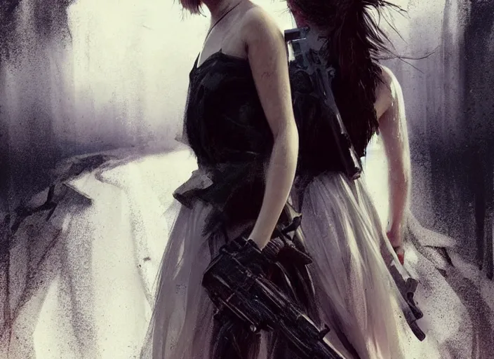 Image similar to emma watson white dress girl chasing from crazy grim reaper, holding a gun, messy hair, messy lines, scared face, beautiful and aesthetic and attractive, dramatic situation, specular reflection, occlusion shadow, intricate, bokeh, by ilya kuvshinov and jeremy lipking and quentin mabille