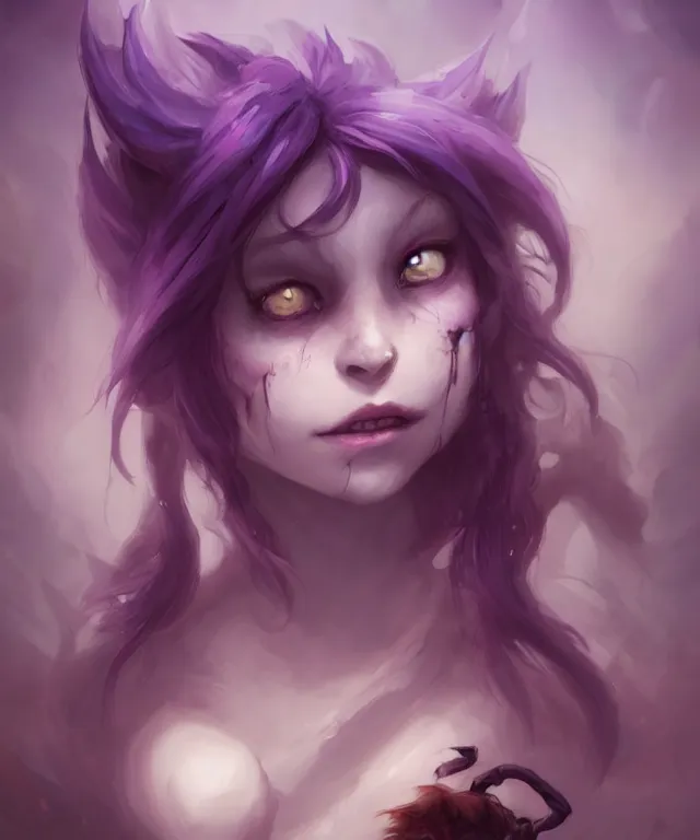 Prompt: cute friendly demon with purple skin meets cute friendly goblin by charlie bowater and titian and artgerm, intricate, face, cavern, elegant, beige mist, beautiful, highly detailed, dramatic lighting, sharp focus, trending on artstation, artstationhd, artstationhq, unreal engine, 4 k, 8 k