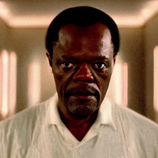 Image similar to a cinematic film still of Samuel L. Jackson starring in The Shining, portrait, 40mm lens, shallow depth of field, close up, split lighting, cinematic