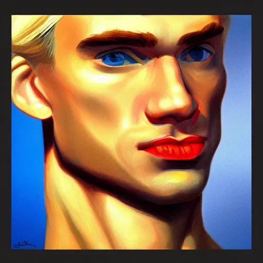 Prompt: a realistic portrait of a blonde man, chiseled jawline, big lips, vibrant color, edward hopper, trending on artstation