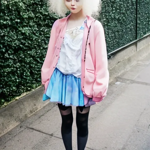 Prompt: a cute young woman with messy curly pastel hair, harajuku fashion, In the style of lya kushinov, Avetetsuya Studios