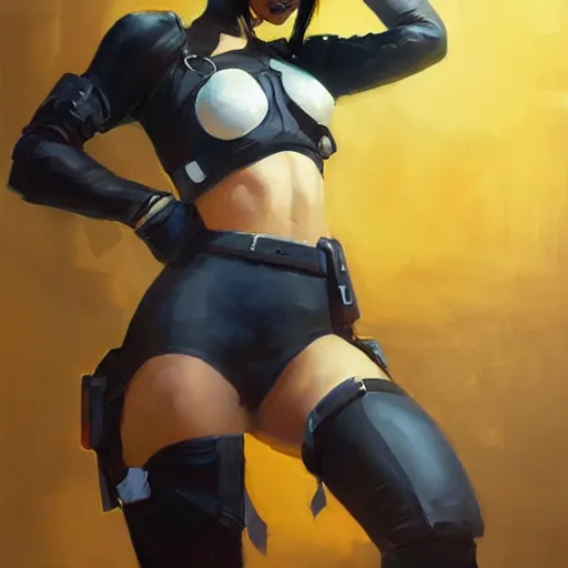 Image similar to greg manchess portrait painting of domino as overwatch character, medium shot, asymmetrical, profile picture, organic painting, sunny day, matte painting, bold shapes, hard edges, street art, trending on artstation, by huang guangjian and gil elvgren and sachin teng