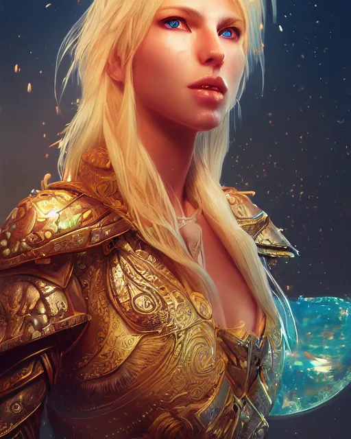 Image similar to Beautiful art portrait of a blond girl as a fantasy warrior in a bright temple, atmospheric lighting, intricate detail, cgsociety, hyperrealistic, octane render, RPG portrait, ambient light, dynamic lighting