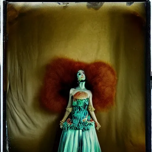 Image similar to kodak portra 4 0 0, wetplate, photo of a surreal artsy dream scene,, girl, weird fashion, grotesque, extravagant dress, carneval, animal, wtf, photographed by paolo roversi style