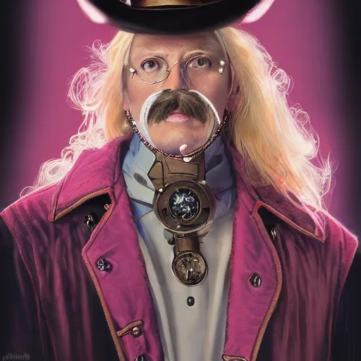 Image similar to 6 0 - year - old charles elmer rip taylor jr as a cyborg, blonde wig, handlebar moustache, portrait, western, steampunk, pink duster, fantasy, intricate, elegant, highly detailed, digital painting, artstation, concept art, sharp focus, illustration, art by artgerm and greg rutkowski and alphonse mucha