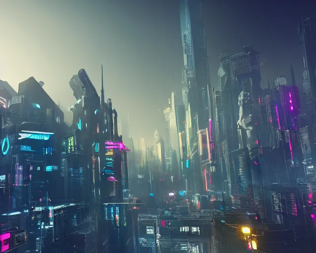 Prompt: beautiful sci fi cyberpunk city skyline from the future, digital concept art, trending on artstation, volumetric lighting, 8k