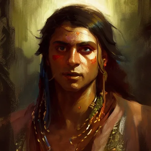 Prompt: an oil art close up portrait of young roma mage with hex magic in style of disco elysium character, gipsy jester character design from ravenloft, art by anders zorn, wonderful masterpiece by greg rutkowski, beautiful cinematic light, american romanticism by greg manchess, jessica rossier