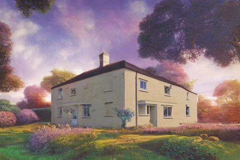 Image similar to vaporwave, an estate agent listing photo, external view of a 5 bedroom detached countryside house in the UK, by Paul Lehr