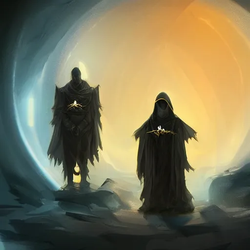 Prompt: award - winning. trending on artstation. surreal. cinematic. a person wearing hooded ornate yellow robes and a spooky steel mask staring while a black hole floats behind them. dark background.