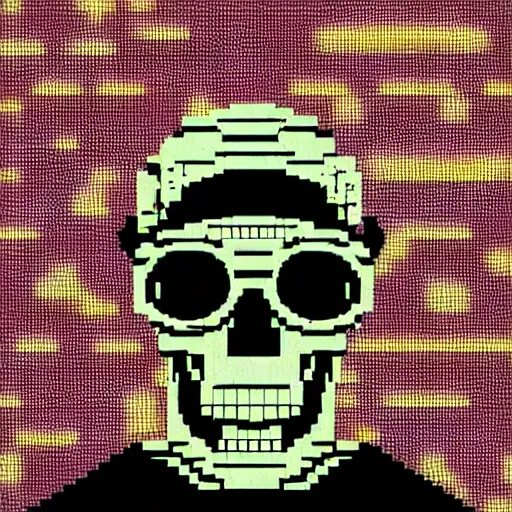 Image similar to a skull face with goggles in a cyberpunk aesthetic with the word pixel written above