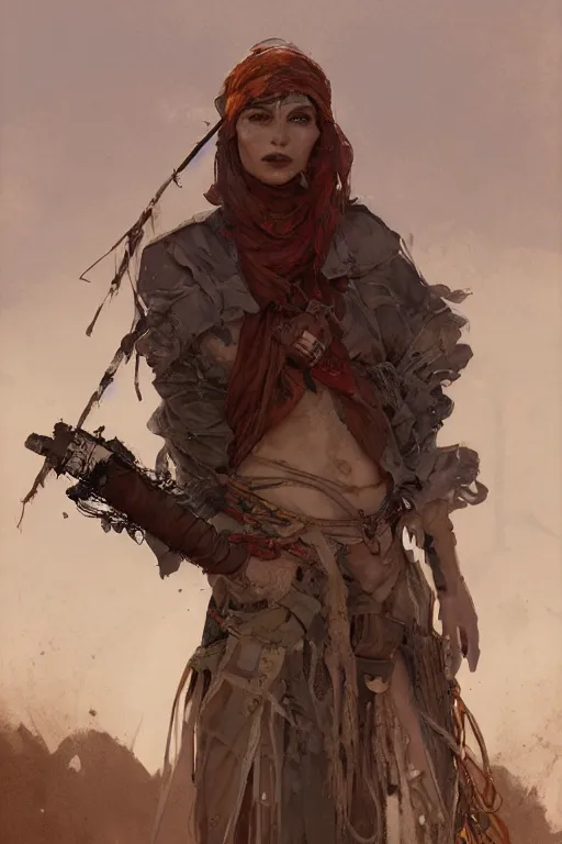 Image similar to a full body portrait of a beautiful post apocalyptic offworld farmers district bedouin blind pulp fiction scarlet wild rogue barbarian leper begging by the roadside, intricate, elegant, highly detailed, digital painting, artstation, concept art, smooth, sharp focus, illustration, art by krenz cushart and artem demura and alphonse mucha