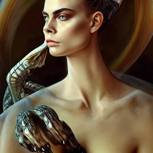 Image similar to Cara Delevigne, physically accurate, dynamic lighting, intricate, elegant, highly detailed, digital painting, artstation, HR GIGER, Hieronymus Bosch, Francis Bacon, concept art, smooth, sharp focus, illustration, art by artgerm and greg rutkowski and alphonse mucha