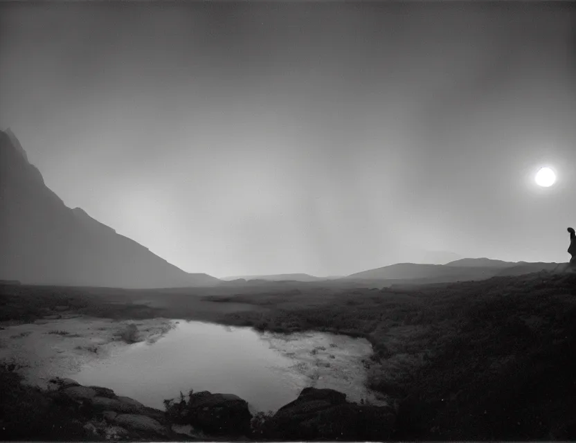 Image similar to wanderer, eerie, greek fantasy panorama, a magnificent lizard ghost giant above the magic shining river styx, at night, otherworldly, ghost giant above the horizon, stanley kubrick, 1 7 mm, wide shot, surreal, deep