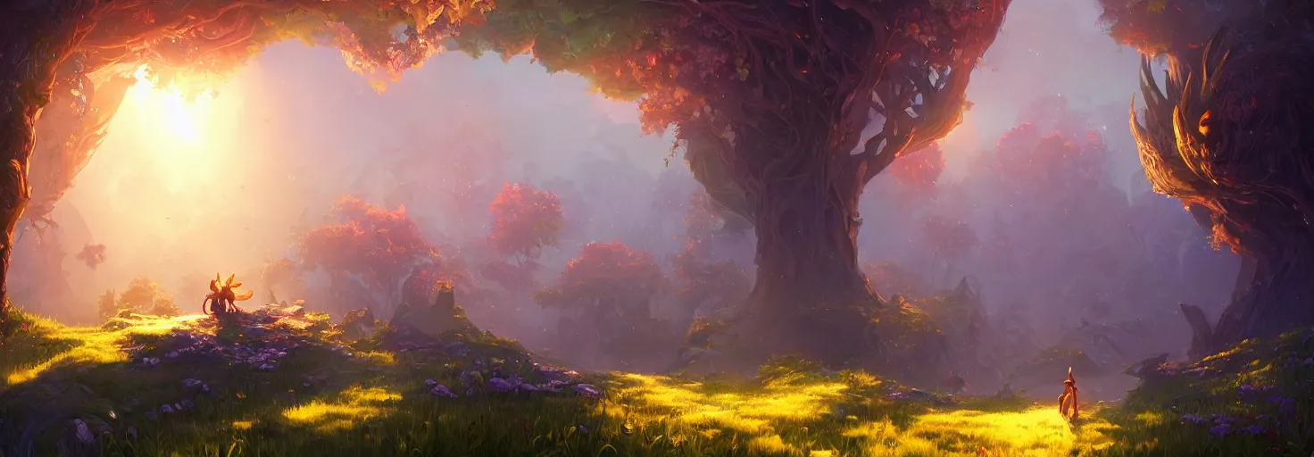 Prompt: A realm of whispers and mysteries, intricate, elegant, fantasy, highly detailed, digital painting, concept art, sharp focus, illustration, beautiful volumetric lighting, epic light, artstation, magic hour lighting, colorful, sunshine, springtime, by Sylvain Sarrailh, ine style of ori game