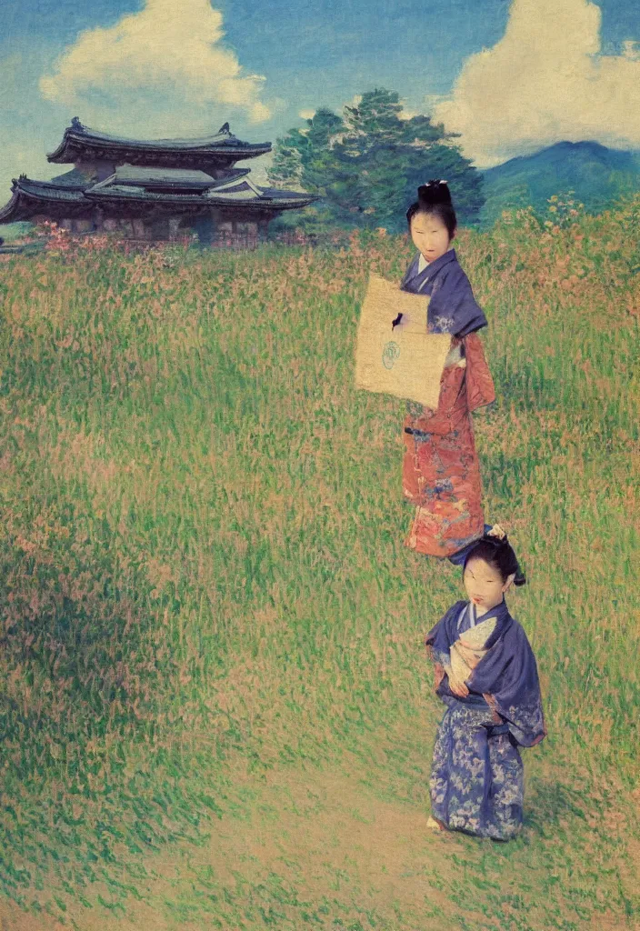 Image similar to tiny samurai in front of a beautiful japanese country side landscape, edo era house in the background, blue sky, magnificient clouds, lofi vibe, vivide colors, amazing light, really beautiful nature, oil painting, impressionist style, by jeremy lipkin, by claude monet, by ghibli, kandinsky touches, multiple brush strokes, masterpiece