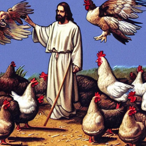Prompt: jesus preaches to the chickens