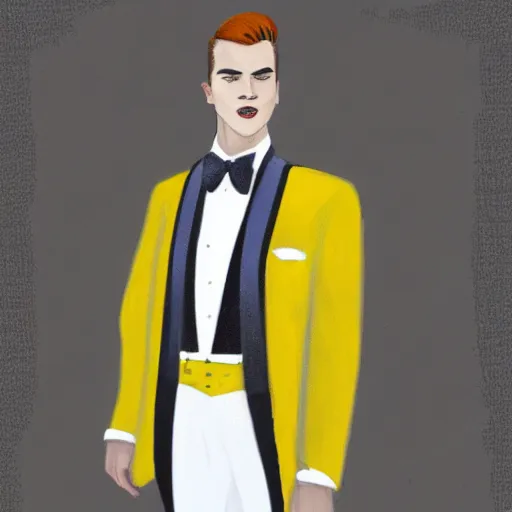 Prompt: urban fantasy portrait of a young man with a symmetrical clean - shaven face and white eyes, red hair slicked back, wearing a white tuxedo jacket with a yellow popper flower in its lapel, white cummerbund, white shirt, white pants, and white shoes