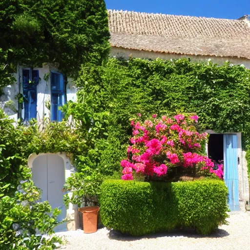 Image similar to ile de re house with a garden full of tremiere rose, four stores, white walls, orange roof