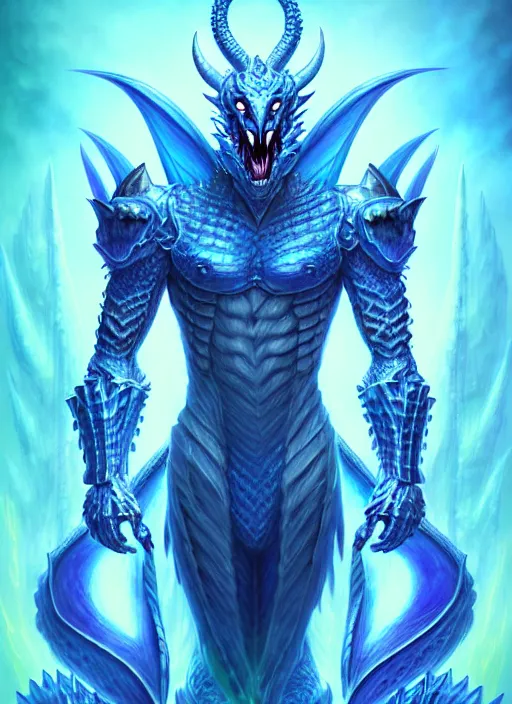 Image similar to muscular and tall blue ghostly fire humanoid dragon!!!! draconian!! intricate ornate iridescent heavy armor!! character concept art, sharp focus, octane render! unreal engine 5! highly rendered!! trending on artstation!! detailed linework!! illustration by artgerm, wlop, and chie yoshii