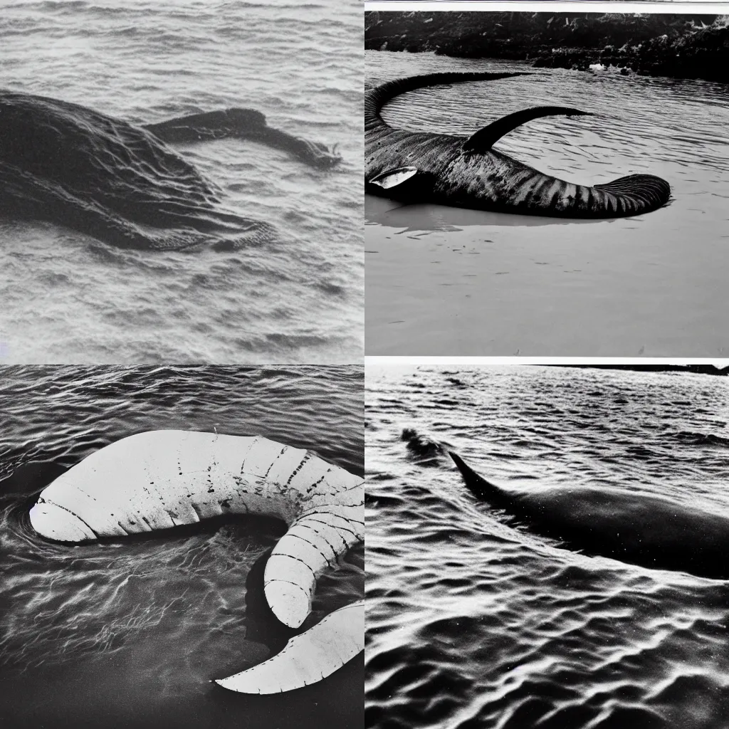 Prompt: vintage black and white photo of a giant unknown sea creature that washed ashore