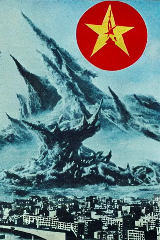 Image similar to a communist propaganda poster of Kim Jong-il and Starro Kaiju monster destroying Pyongyang, in Godzilla (1954) by Ishirō Honda, traditional Korean city, palace, epic ultrawide shot, cinémascope