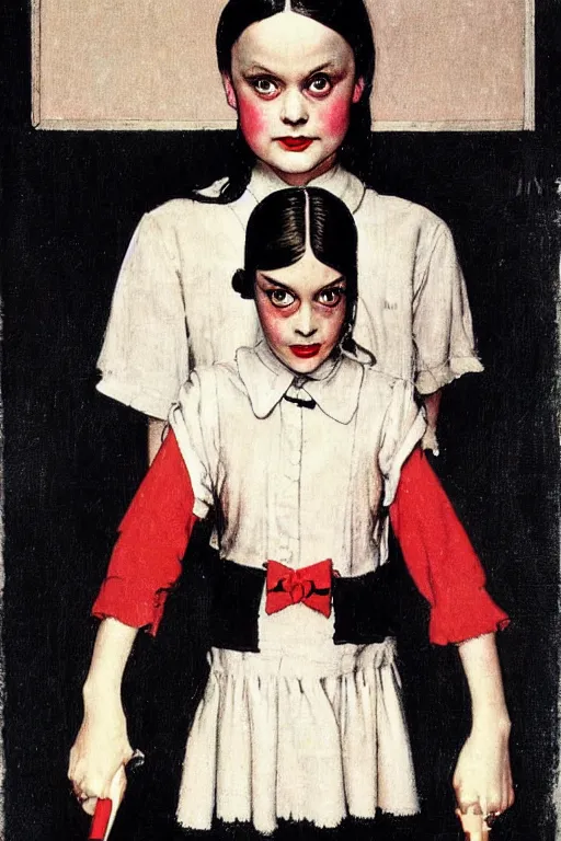 Image similar to wednesday addams from the addams family painted by norman rockwell