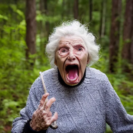 Image similar to elderly woman screaming at a terrifying creature in the woods, canon eos r 3, f / 1. 4, iso 2 0 0, 1 / 1 6 0 s, 8 k, raw, unedited, symmetrical balance, wide angle