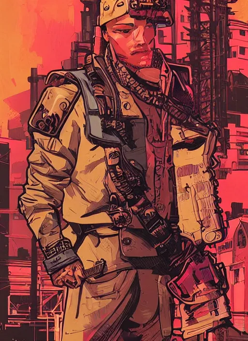 Image similar to hector. cyberpunk mercenary with scenic background. portrait illustration, pop art, art by ashley wood, alphonse mucha, laurie greasley and josan gonzales. cinematic. beautiful lighting.