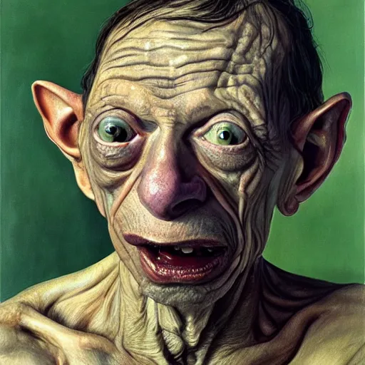 Image similar to high quality high detail painting by lucian freud, hd, portrait of gollum, photorealistic lighting