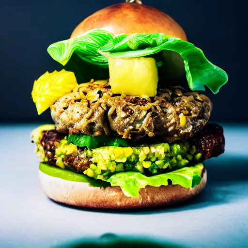 Image similar to juicy vegan hamburger topped with pineapple and avocado, crispy buns, 8 k resolution, food photography, studio lighting, sharp focus, hyper - detailed